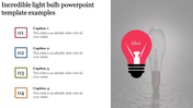 A vibrant red light bulb labeled idea on the right, with four colored numbered captions listed on the left.