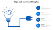 Blue light bulb with brain and plug illustration, linked to four numbered circles with captions.