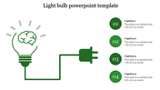 Green light bulb with a brain inside, connected to a plug on the left, and four numbered green circles on the right.