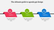 Agenda PowerPoint design with three triangle shaped sections in red, green, and blue, each containing a caption.