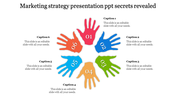 Colorful hand shaped elements form a circular layout, highlighting six key steps in a marketing strategy.