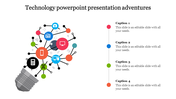 Creative technology lightbulb graphic with icons like phone, computer, and radio, connected with lines, and captions.