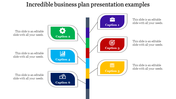 Business plan slide featuring icons such as a briefcase, gear, chart, target, calendar, and calculator, each with a caption.