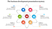 Central handshake graphic surrounded by colorful icons and captions, linked with overlapping elliptical lines.