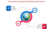 Global themed corporate infographic with two outward nodes in blue and red, numbered 01 and 02, connected to captions.