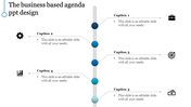Vertical business agenda slide featuring a timeline with icons and captions aligned to both sides.
