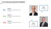 Team slide with three numbered captions in blue, green, and red, and two profile photos with name boxes on the right.