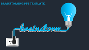 Brainstorming PowerPoint template featuring a lightbulb and the word brainstorm connected by a power cord.