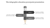 Infographic education PowerPoint slide with a gray pencil and three caption boxes.