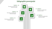 Vertical infographic featuring five white rectangular blocks with green icons, arranged connected to caption areas.