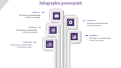 Purple infographic with five rounded rectangular shapes arranged vertically, each featuring business related icons.