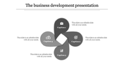 Four overlapping teardrop shapes in grayscale, arranged in a circular infographic with business-related captions and icons.