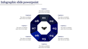 Eight sided infographic in blue with numbers 01 to 08, arranged around a central handshake symbol on a white background.