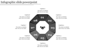 Eight sided infographic in gray with numbers 01 to 08, arranged around a central handshake symbol on a white background.