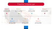 Timeline template with a horizontal black line and color-coded circles marking seven milestones for businesses.