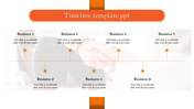 Timeline template with a horizontal line, orange milestone markers, and labeled numbered sections for business.