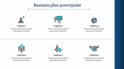 Business plan PowerPoint slide with six sections featuring icons, captions, and descriptions for professional planning.