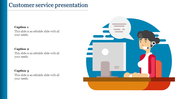 Customer service-themed slide with an illustration of a woman using a headset at a computer, paired with three text captions.