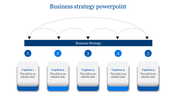 Business slide with a central bar featuring curved arrows, and five numbered captions below in a blue themed layout.