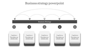 Grayscale-themed business strategy layout with captions numbered 1 to 5 beneath a horizontal bar.