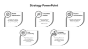 Minimalistic strategy layout with gray accents, presenting five curved panels with titles, icons, and supporting text.