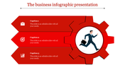 Grayscale business infographic with chevron arrows for captions and a gear featuring a professional figure running.
