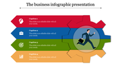 Colorful business infographic with captions, icons, and a running businessman symbolizing progress and goals.