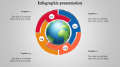 Infographic design featuring a central earth image surrounded by four colorful segments and numbered placeholders.