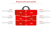 Red suitcase diagram divided into six parts, each labeled with numbers and captions positioned to the left and right.
