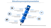 Blue pencil graphic with five labeled captions connected to circular icons in an education themed layout.