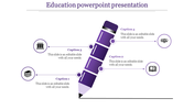 Education slide featuring a purple  pencil with four labeled steps, each connected to an academic icon and text description.