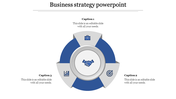 Three-step business strategy chart with icons for goals, performance, and tasks, arranged in a circular design.