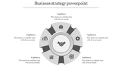 Gray circular infographic design with a handshake icon in the center and five sections featuring business related icons.