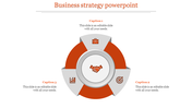 Business strategy PPT slide with orange icons for business, growth, and target strategy, and a handshake at the center.