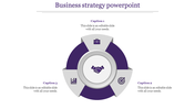 Circular purple design featuring business icons and a central handshake icon, with three captions around the edges.