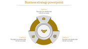 Business strategy PowerPoint template with icons for business, growth, and target strategy, with a handshake at the center.