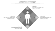 Gray corporate profile PowerPoint slide with a central human figure icon, surrounded by four caption sections.