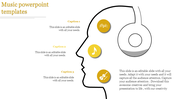 Outline of a head with headphones and yellow circular icons for music, notes, and a violin, in a creative layout.