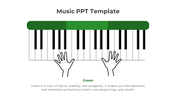 Music PowerPoint template with green piano keys and hands with text description.