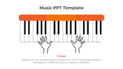 Illustration of piano keys with two hands and an orange bar above them, paired with text  below, on a white background.