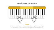 Music PowerPoint template featuring a piano keyboard and hands, with a yellow color description for emotional impact.