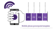 Hand holding a phone with purple design elements, signal waves, and sequential four numbered blocks on a white layout.