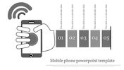 Mobile phone infographic with a hand tapping a gray button on the screen, Wi-Fi signal icon above, and five gray blocks.