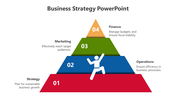 Colorful business strategy with a red-to-orange pyramid structure, showing four stages with a human icon ascending the steps.