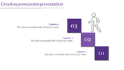 Three purple steps numbered 01 to 03 with captions and a stick figure climbing them on a white background.