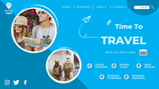 Tourism-themed design with images of travelers, a bold travel message, and sections promoting travel benefits. 