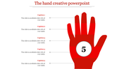 Creative PowerPoint slide featuring a red hand graphic with five sections, each labeled with a caption.