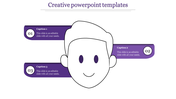 Face outline at the center with three purple caption panels on both sides and below, designed for creative presentations.