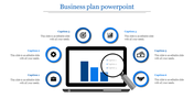 Business plan PPT slide showing a laptop with blue bar charts, magnifying glass, and icons with captions.
