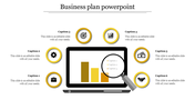 Business plan slide showing a laptop with graphs, icons for business growth, and captions for key aspects.